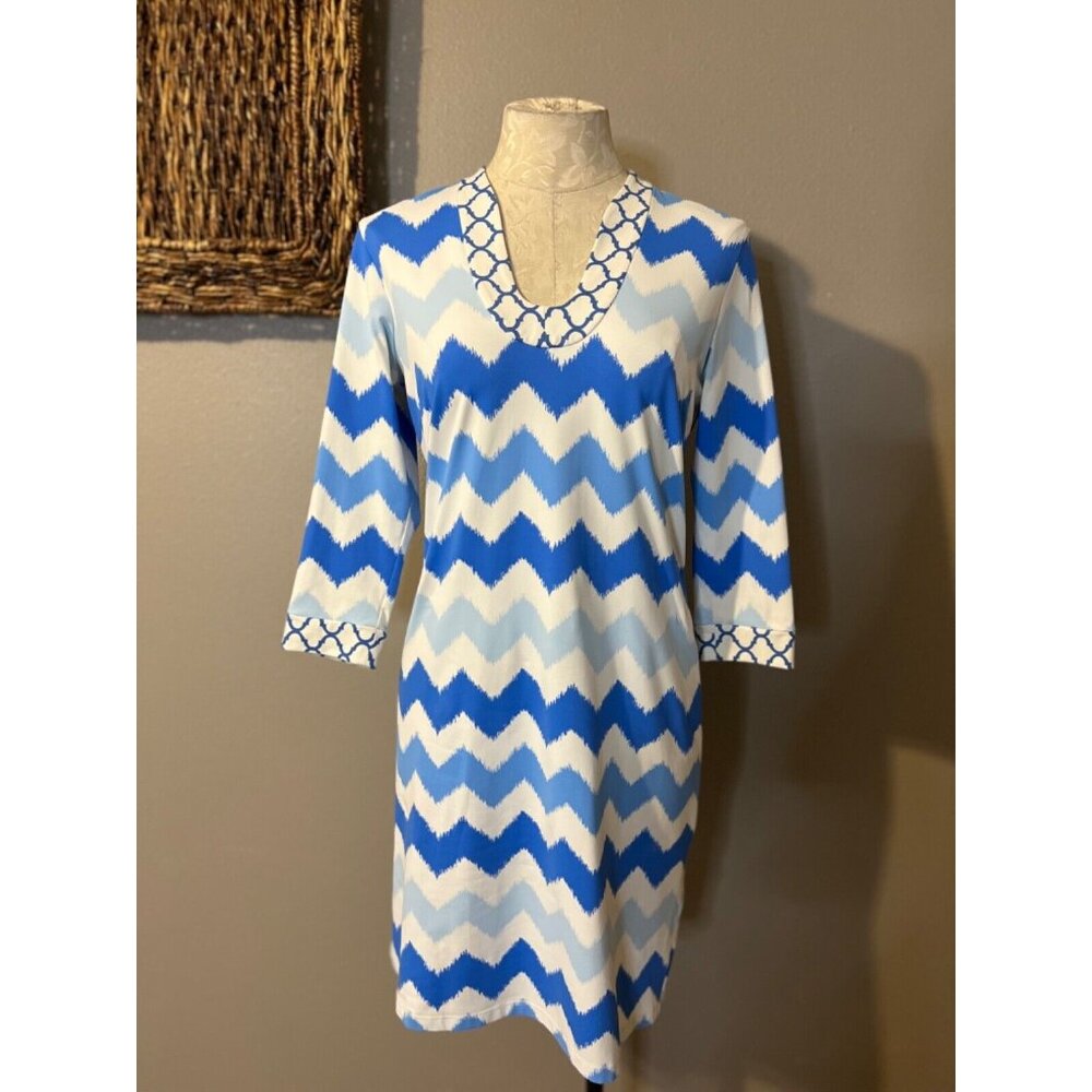 J. McLaughlin Dress Blue White S Small 3/4 Long Sleeve Stretch Shift Washable - Picture 5 of 9